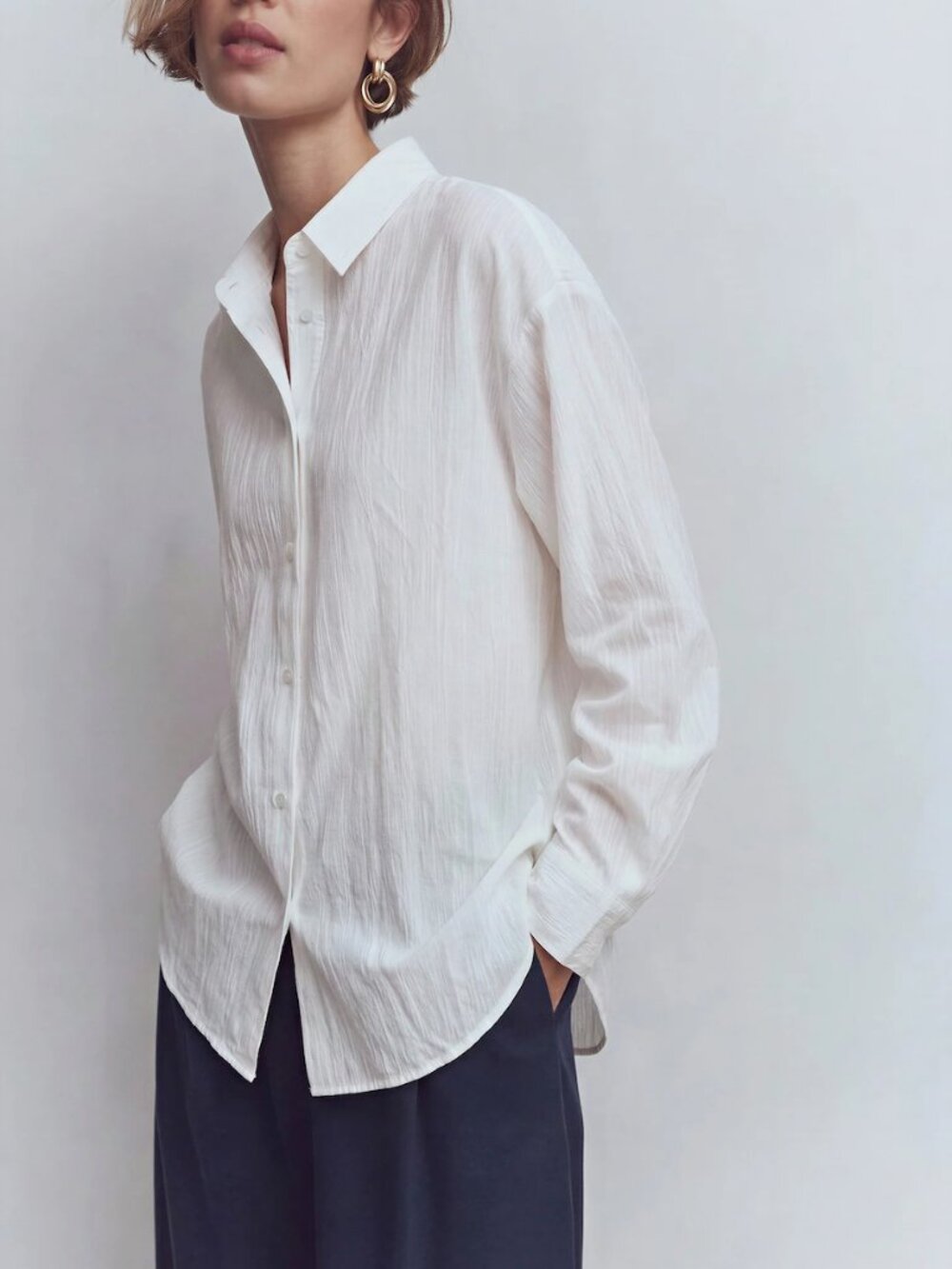 New York & Co Off White Long Sleeve Lightweight Sheer Cotton Button Down Shirt - Picture 3 of 7